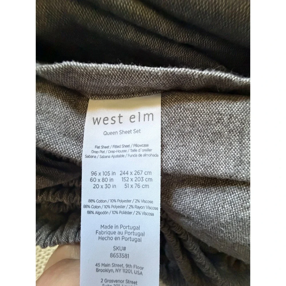 West Elm Queen Sheet Set Gray Cotton Blend Heathered Made in Portugal